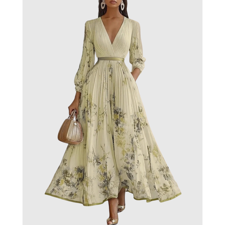 Abito lungo elegante donna, motivo floreale, scollo a V profondo, maniche e pieghe. Perfetto per eventi.