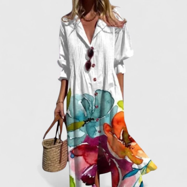 Vestito camicia maxi da donna con bottoni frontali e pieghe. Ideale per il giorno o vacanze estive.