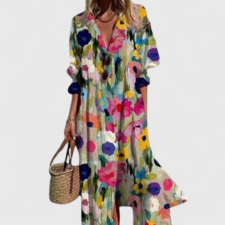 Abito lungo camicia da donna, maniche lunghe e dettagli pieghettati. Stile boho casual, estivo e primaverile.