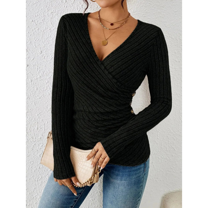 Top moda donna avvolgente, maniche lunghe, con arricciatura laterale. Perfetto per outfit casual ed eleganti.