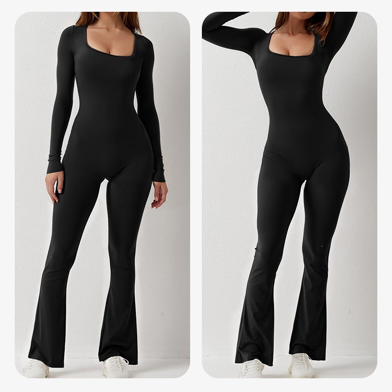 Jumpsuit donna con scollo quadrato e maniche lunghe, gamba svasata. Ideale per abbigliamento versatile e alla moda.