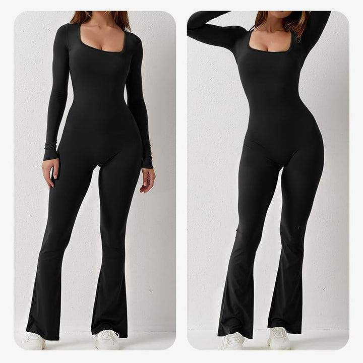 Jumpsuit donna con scollo quadrato e maniche lunghe, gamba svasata. Ideale per abbigliamento versatile e alla moda.