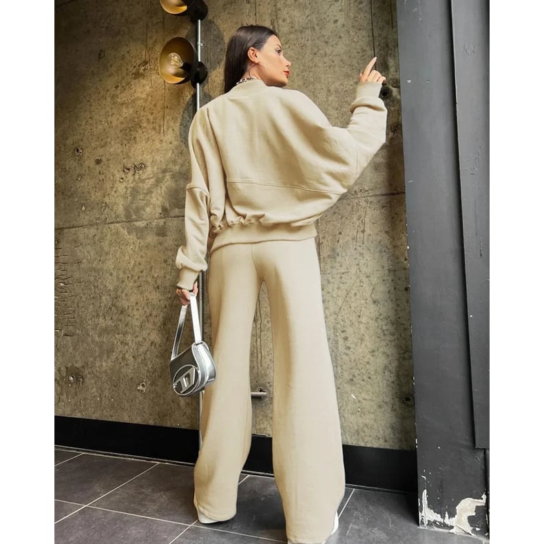 Pantaloni gamba larga vita alta e giacca con zip della tuta lounge oversize donna 2 pezzi. Perfetto per relax.