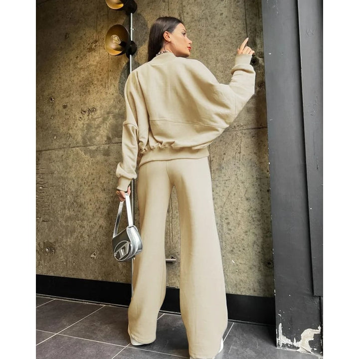 Pantaloni gamba larga vita alta e giacca con zip della tuta lounge oversize donna 2 pezzi. Perfetto per relax.
