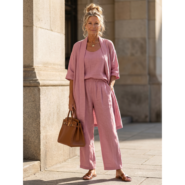 Completo coordinato donna con cardigan lungo e pantaloni a gamba larga, perfetto per primavera estate.
