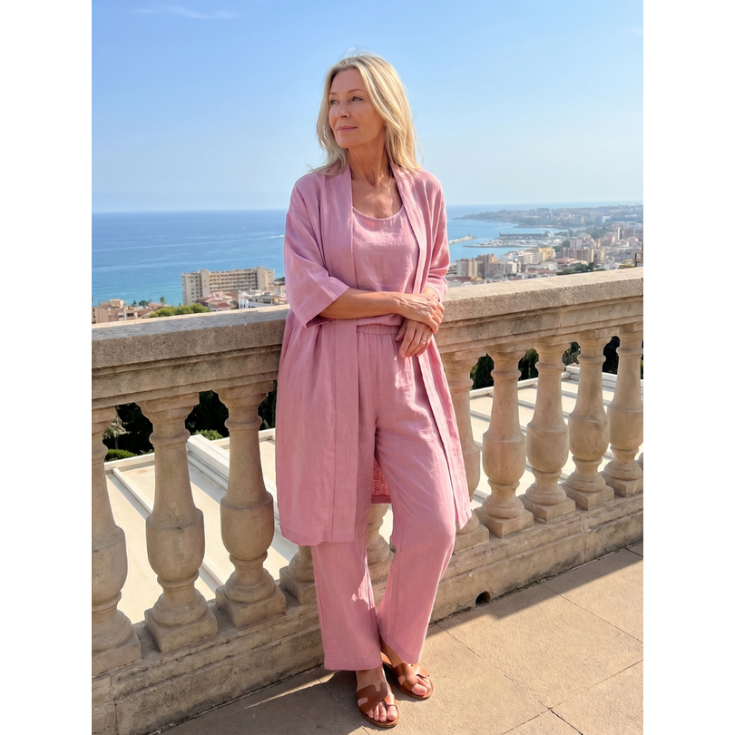 Completo donna cardigan lungo e pantaloni larghi. Abbigliamento femminile comodo per la primavera.