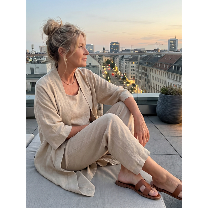 Silhouette fluida: coordinato donna con cardigan lungo e pantaloni a gamba larga. Stile contemporaneo.