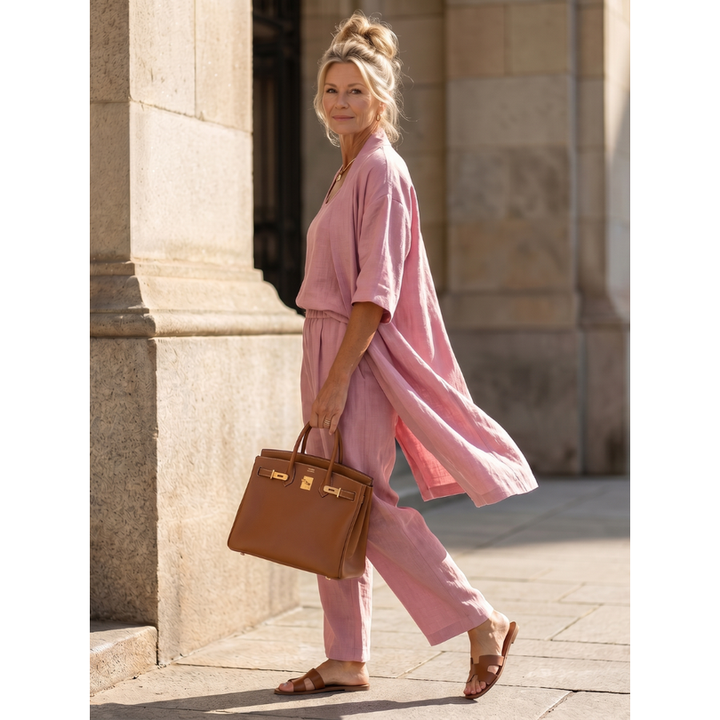 Set donna elegante comodo, con cardigan primaverile e pantaloni larghi. Moda casual versatile.