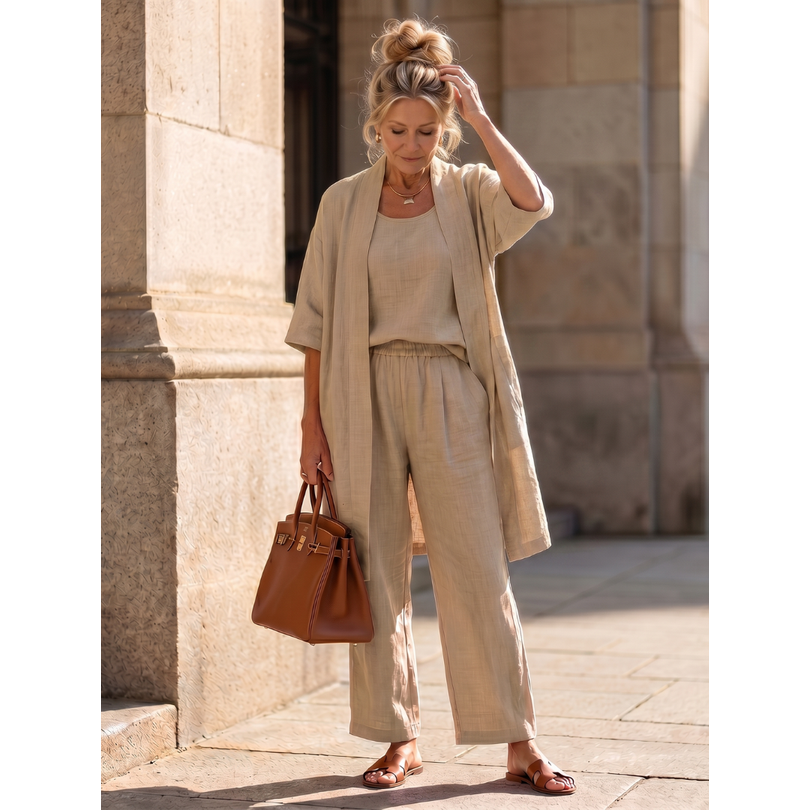 Cardigan lungo donna e pantaloni a gamba larga, un completo coordinato per un look alla moda e confortevole.