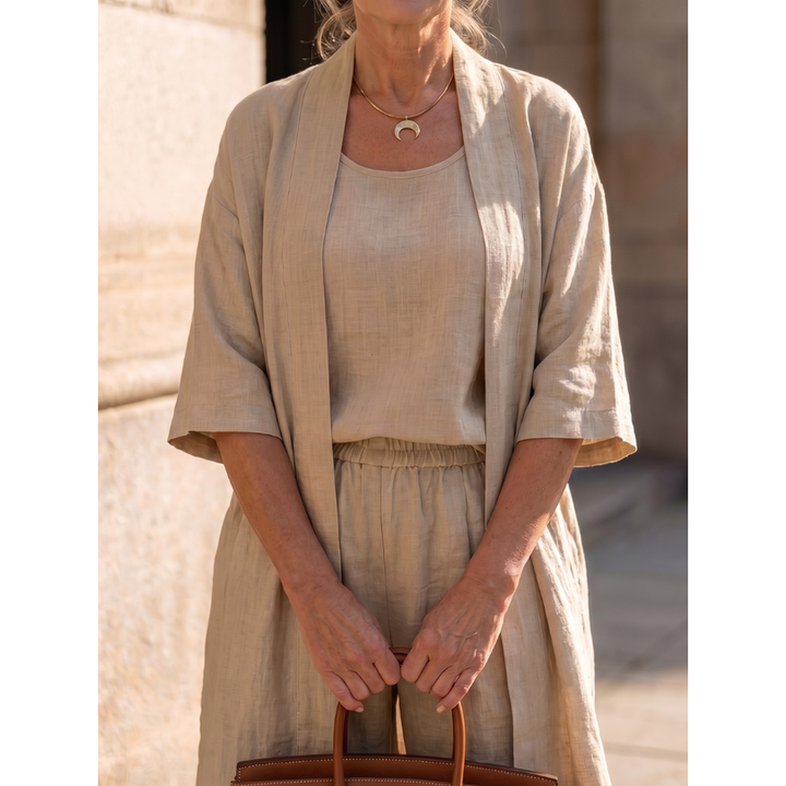Set donna coordinato, cardigan fluido e pantaloni ampi. Eleganza comoda per il tuo stile.
