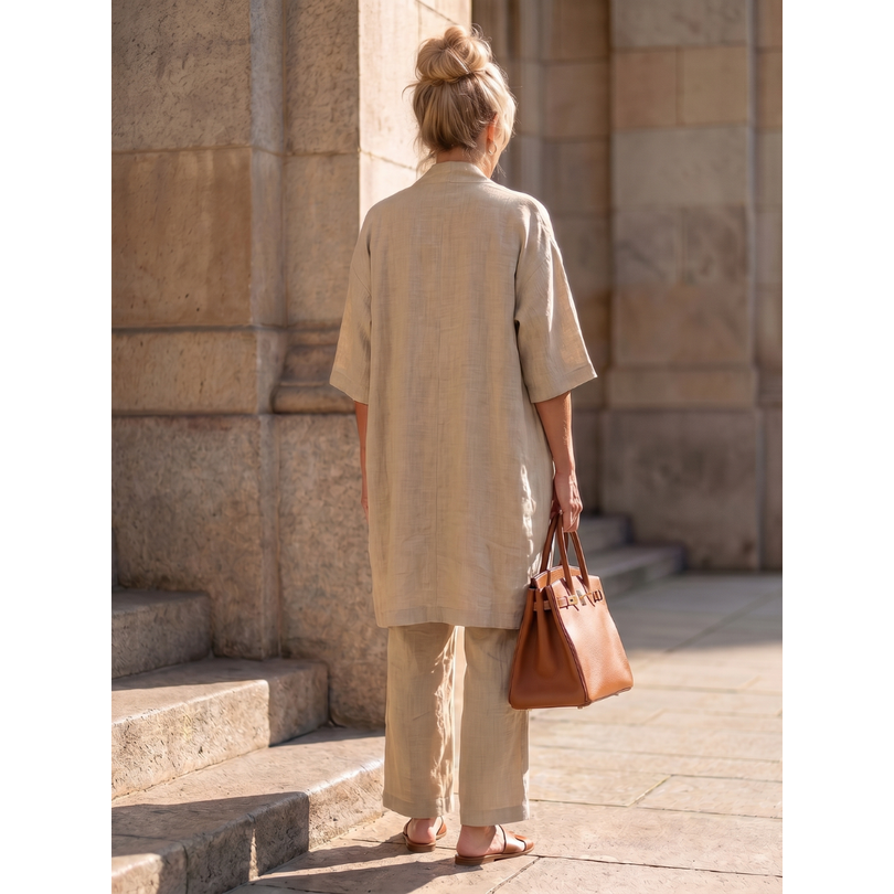 Completo donna casual chic: cardigan lungo e pantaloni larghi. Abbigliamento femminile moderno e confortevole.