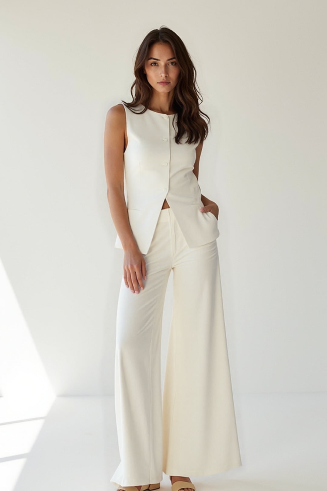 Completo coordinato donna elegante: gilet sartoriale e pantaloni a gamba larga. Ideale per look chic e cerimonia.