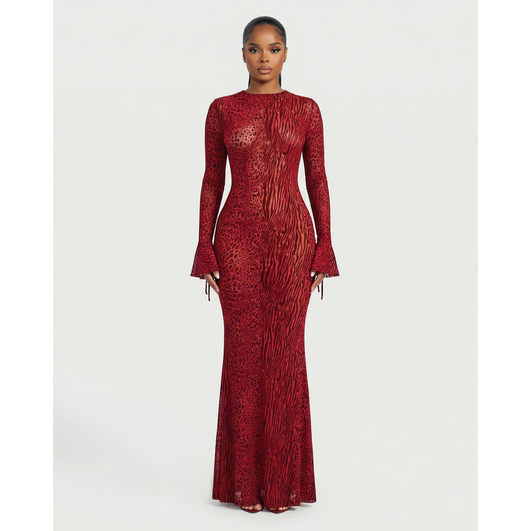 Abito lungo donna elegante stampa animalier con schiena scoperta, perfetto per serate speciali e feste.