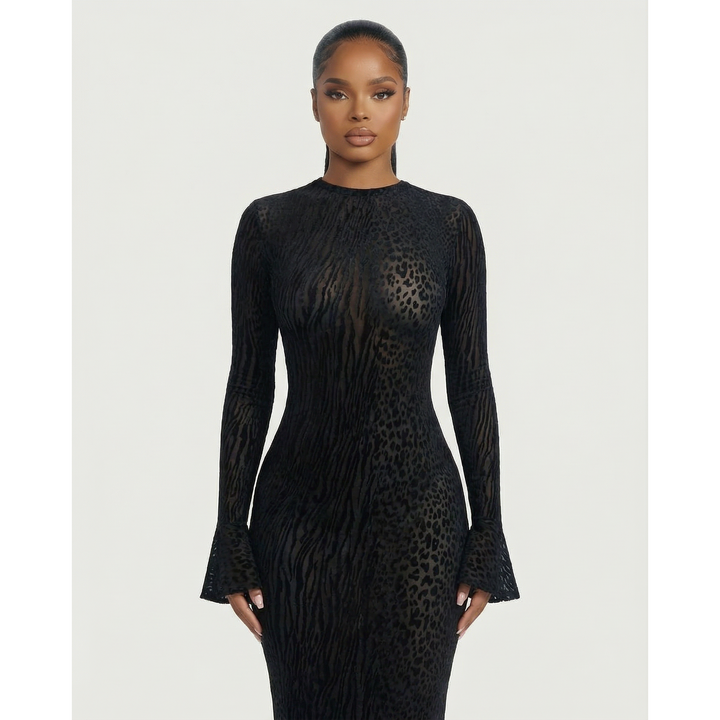 Maxi abito donna per eventi, stampa animalier, maniche lunghe e sensuale schiena scoperta. Stile unico.