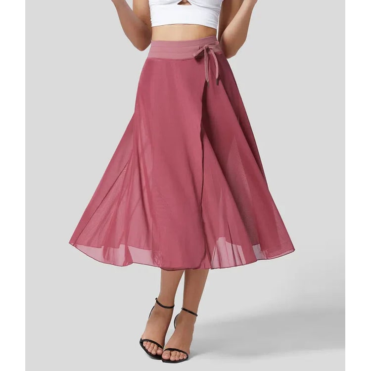 Gonna a portafoglio midi da donna, trasparente e a vita alta. Stile A-line, ideale per outfit eleganti.