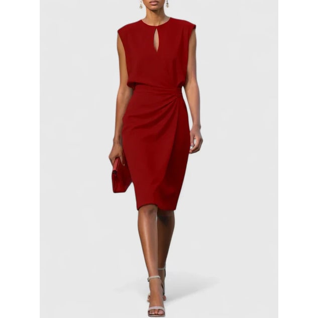 Vestito midi donna senza maniche, scollo a goccia. Design elegante e aderente, vita arricciata per moda femminile.