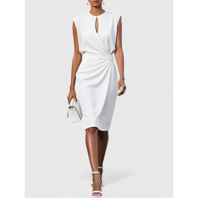 Abito midi donna elegante, aderente e senza maniche. Scollo a goccia raffinato, vita arricciata. Perfetto per lei.