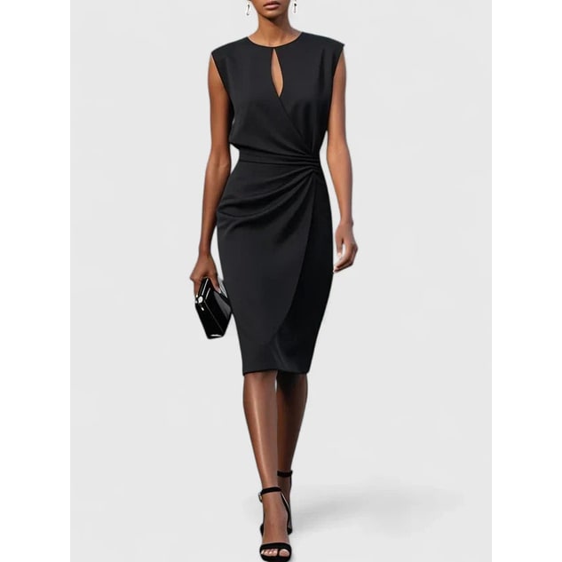 Vestito midi donna chic, scollo a goccia, senza maniche. Abbigliamento donna versatile, casual elegante, vita arricciata.