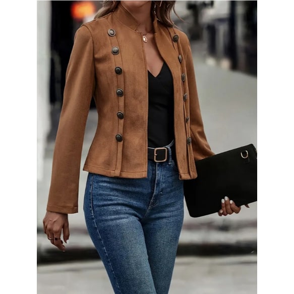 Elegante giacca donna militare doppiopetto corta, con collo alto, perfetta per outfit versatili e alla moda.