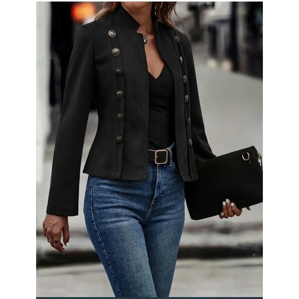 Giacca corta donna stile militare doppiopetto, con collo alto, ideale per completare un outfit chic e moderno.