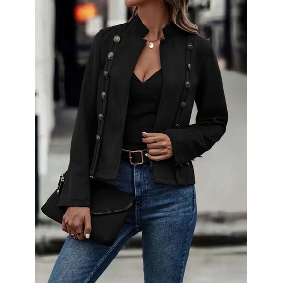 Moderna giacca donna militare corta, doppiopetto e con collo alto, per un look deciso e alla moda.