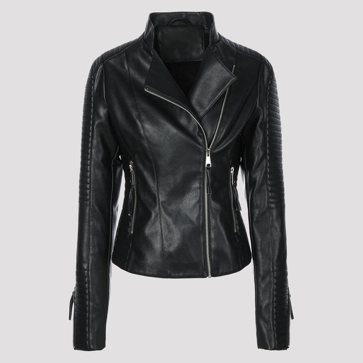 Giacca donna biker elegante, zip asimmetrica, spalle trapuntate. Capospalla moda femminile stile rock.