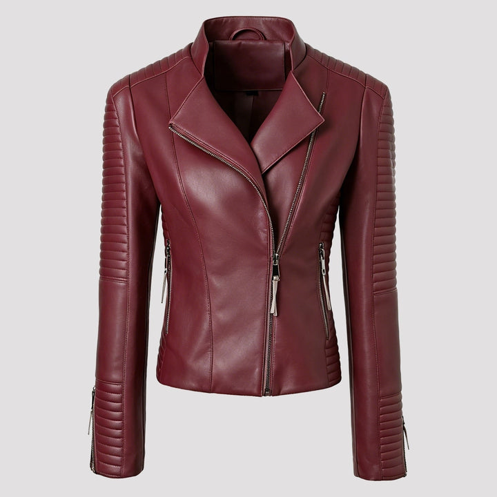 Giacca donna rock chic: modello biker con zip asimmetrica, spalle trapuntate. Capospalla moda primavera.