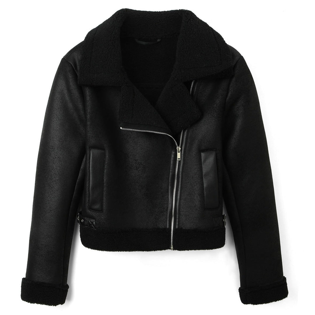 Giacca donna stile motociclista e aviatore con cerniera asimmetrica. Perfetta per look casual e moda urbana autunno/inverno.