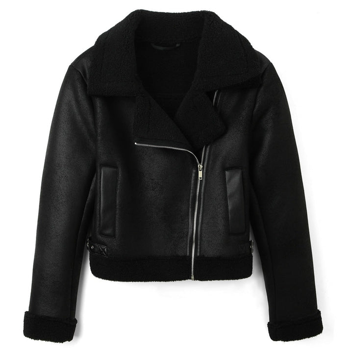 Giacca donna stile motociclista e aviatore con cerniera asimmetrica. Perfetta per look casual e moda urbana autunno/inverno.