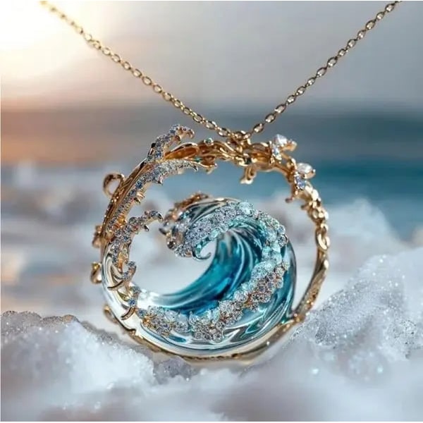 Collana donna onda marina con cristalli scintillanti, gioiello elegante ispirato all'oceano. Accessorio mare.