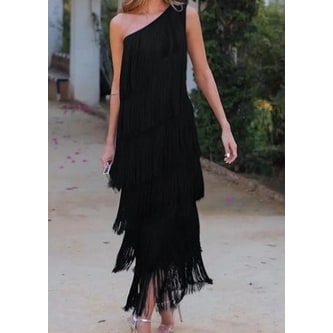 Abito midi da donna monospalla con frange e orlo asimmetrico. Vestito elegante per eventi e celebrazioni.