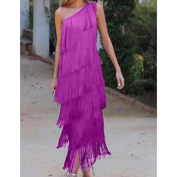 Elegante vestito donna midi nero con frange svolazzanti e scollo monospalla asimmetrico. Abbigliamento unico.
