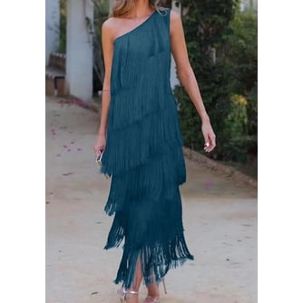 Vestito da festa donna midi, design asimmetrico monospalla con frange decorative. Stile raffinato e moderno.