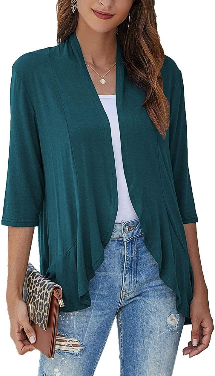 Cardigan donna aperto, stile casual chic. Maniche ¾ drapeggiate, perfetto come strato versatile.