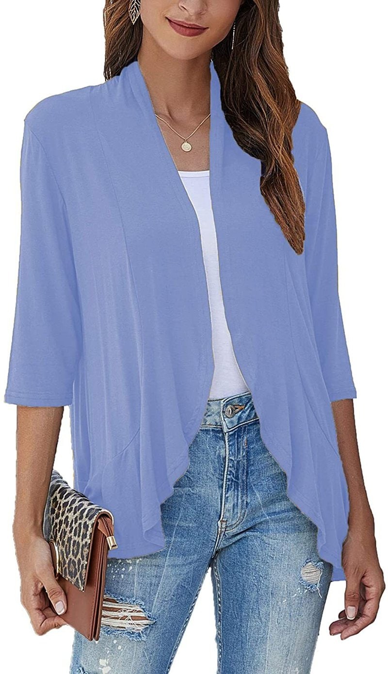 Cardigan donna elegante con maniche a 3/4 drapeggiate. Ideale per abbigliamento primavera/autunno.