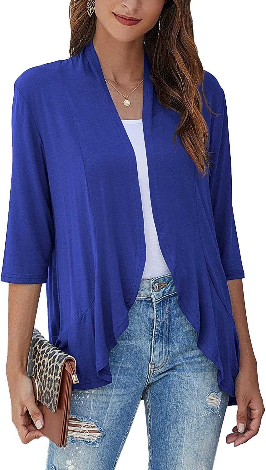 Cardigan donna primaverile/autunnale, aperto, con maniche 3/4 e drappeggio elegante.