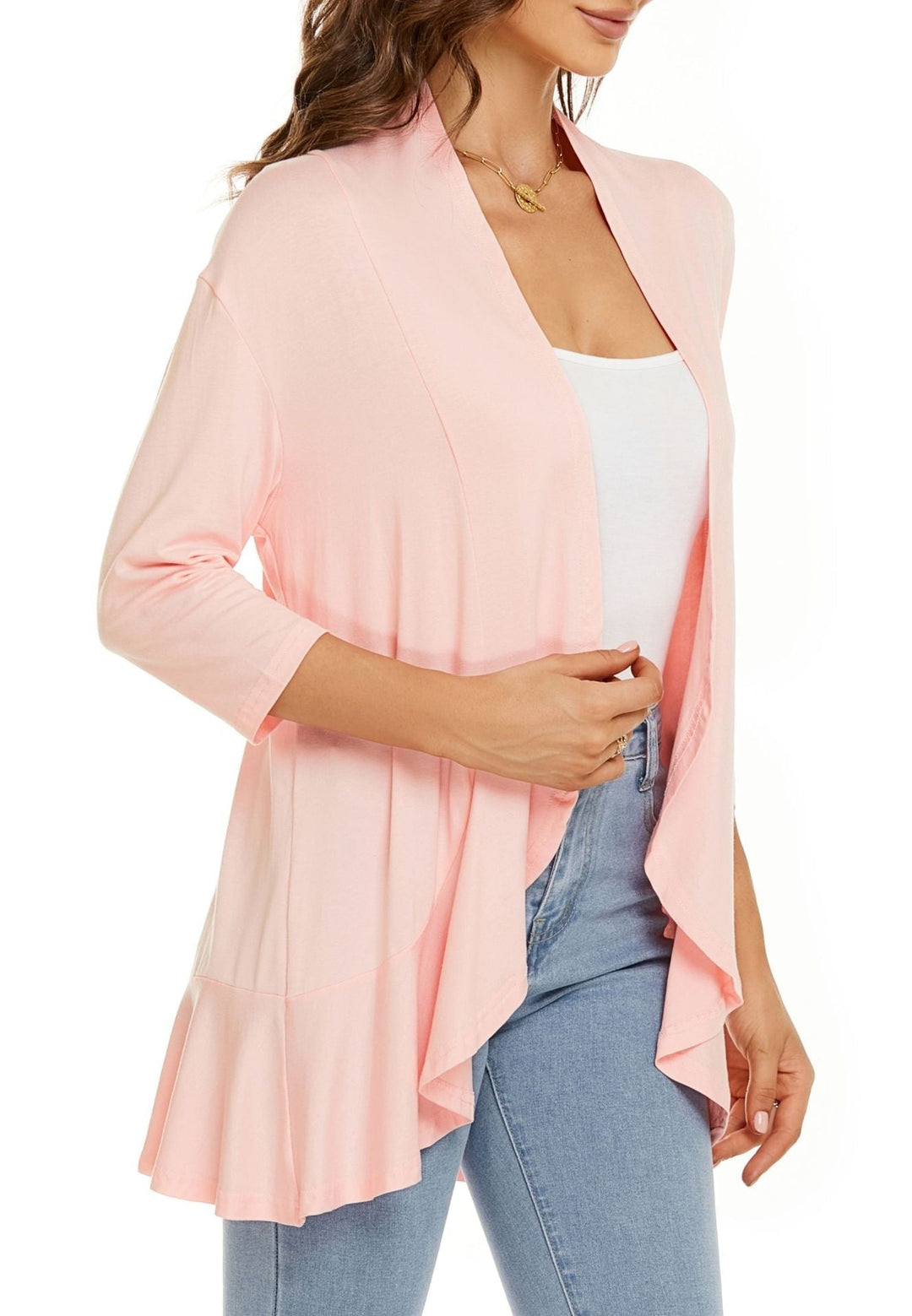Cardigan femminile aperto con maniche 3/4 drapeggiate. Un capo versatile ed elegante per donna.