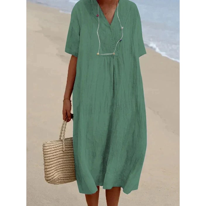 Vestito midi casual da donna, vestibilità oversize con manica corta, scollo a V; moda estiva confortevole.