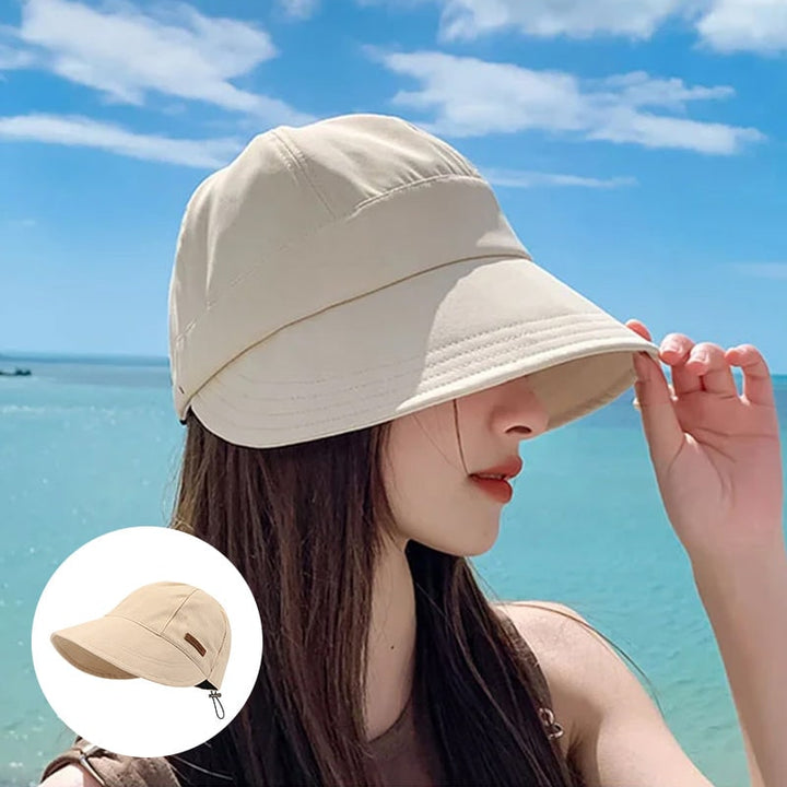 Cappello per donna pieghevole con laccetto, tesa larga anti-UV, indispensabile per l'estate.