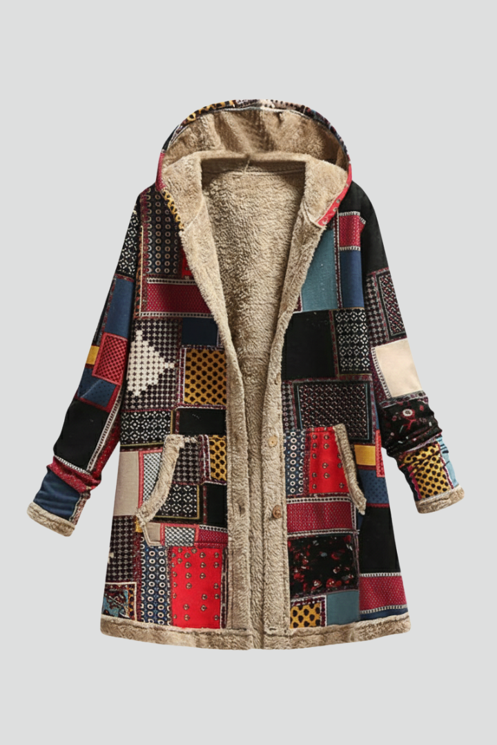 Cappotto donna invernale patchwork con fodera calda e cappuccio, stile boho casual. Perfetto per l'autunno.