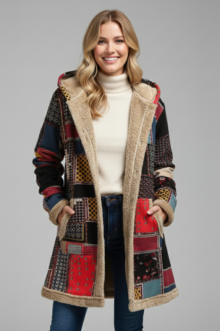 Elegante cappotto donna patchwork dallo stile boho unico, con cappuccio e calda fodera. Ideale per l'inverno.