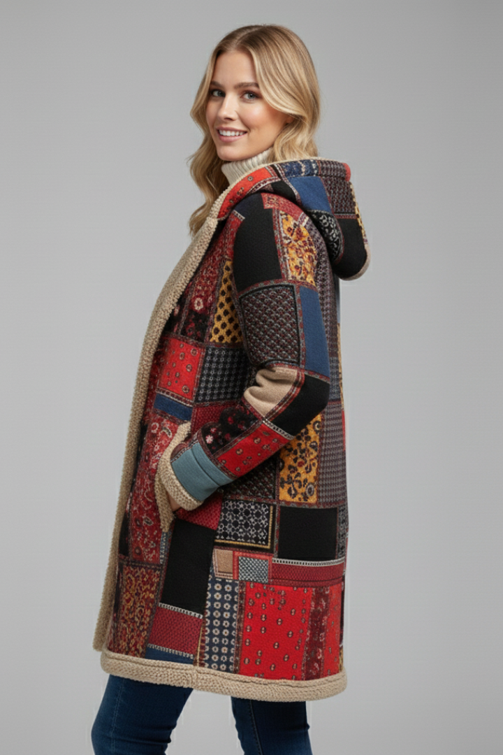 Outfit autunnale: cappotto donna patchwork caldo con cappuccio. Capispalla unico per abbigliamento casual e comfort.