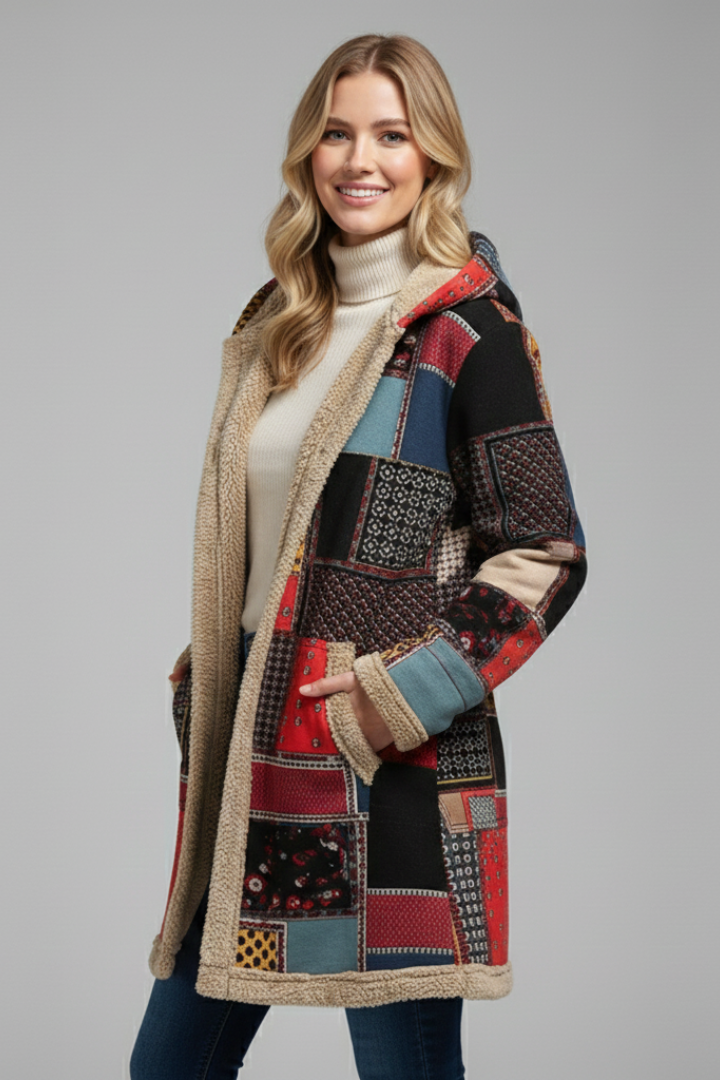 Moda femminile: cappotto donna invernale patchwork unico, caldo e con cappuccio. Capispalla confortevole e stiloso.