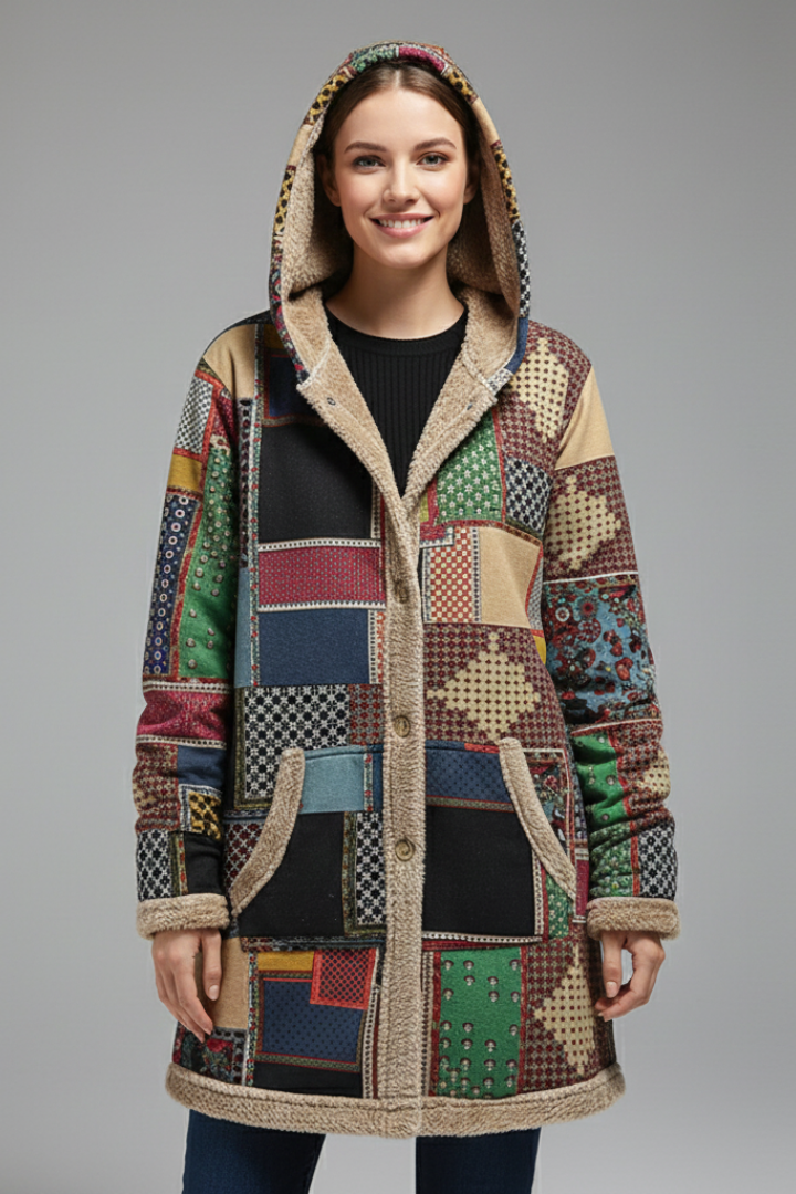 Cappotto donna patchwork con cappuccio e fodera calda. Giacca invernale dallo stile boho, perfetta per ogni outfit.