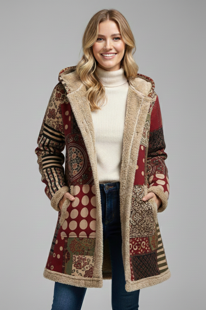 Capispalla casual: cappotto donna patchwork con calda fodera e cappuccio, per massimo comfort in inverno.