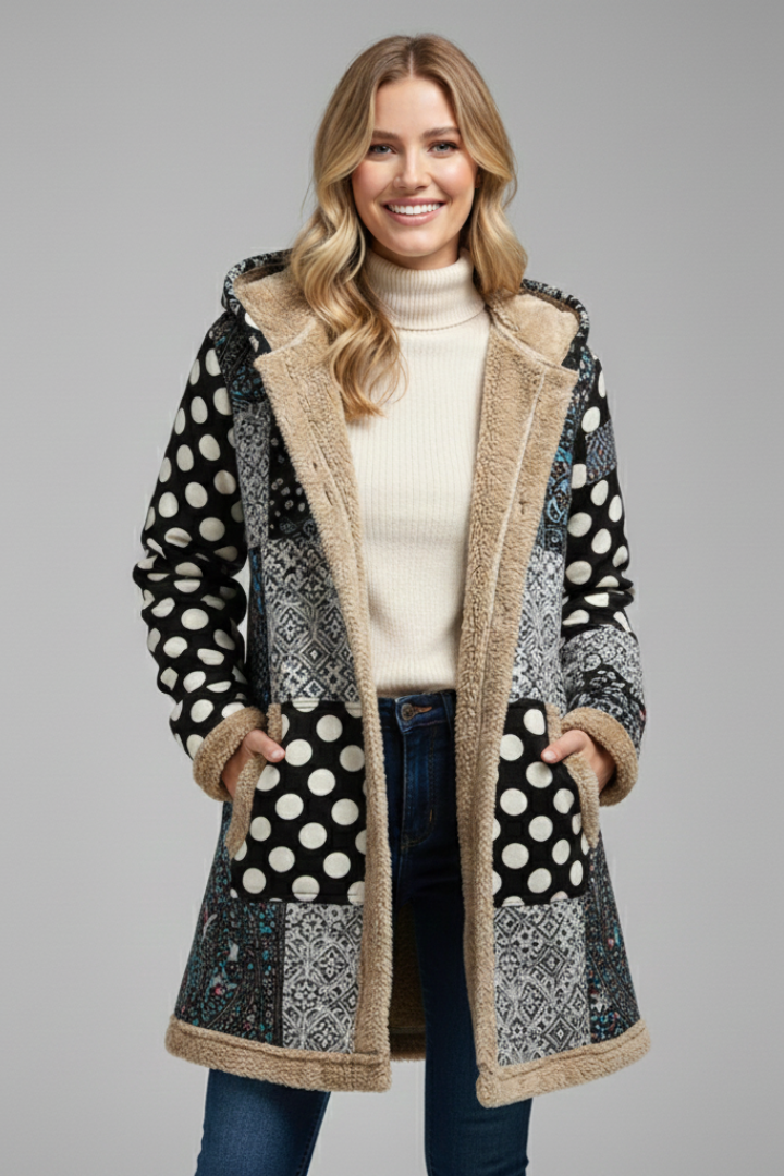 Cappotto donna patchwork stile boho, unico e caldo, con cappuccio. Ideale per outfit autunnali e invernali.