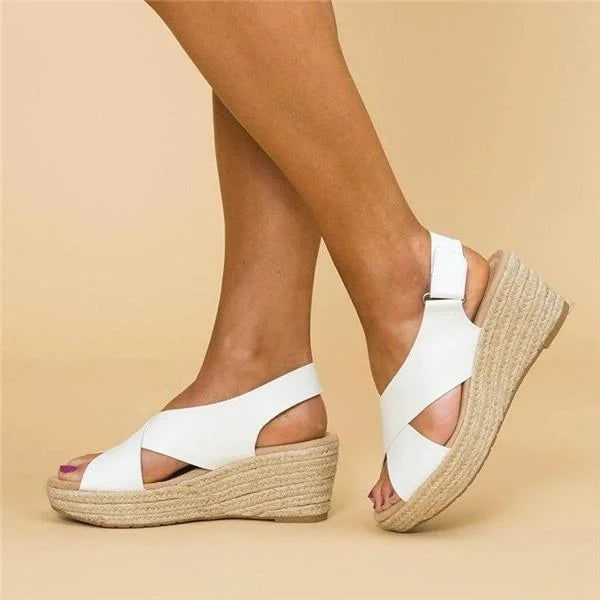Sandali slingback donna con zeppa alta, cinturino incrociato e design a punta aperta. Calzature estive.