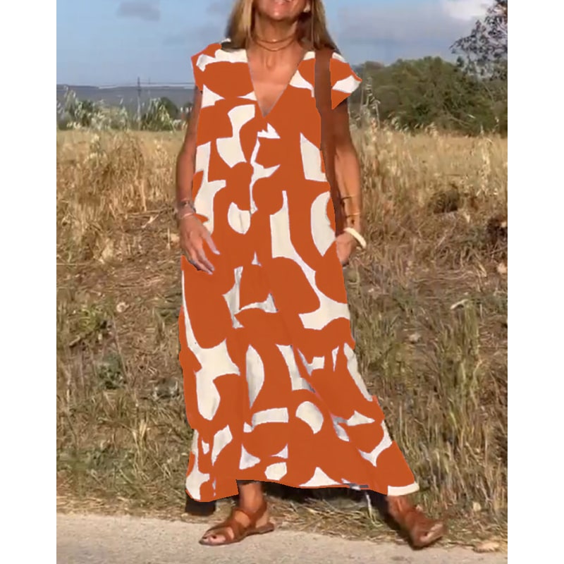Abito maxi estivo elegante per donna, con stampa floreale, scollo a V, maniche ad aletta. Perfetto per la sera.