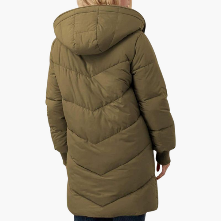 Giacca piumino donna con cappuccio, design trapuntato per massimo calore e comfort nell'inverno.