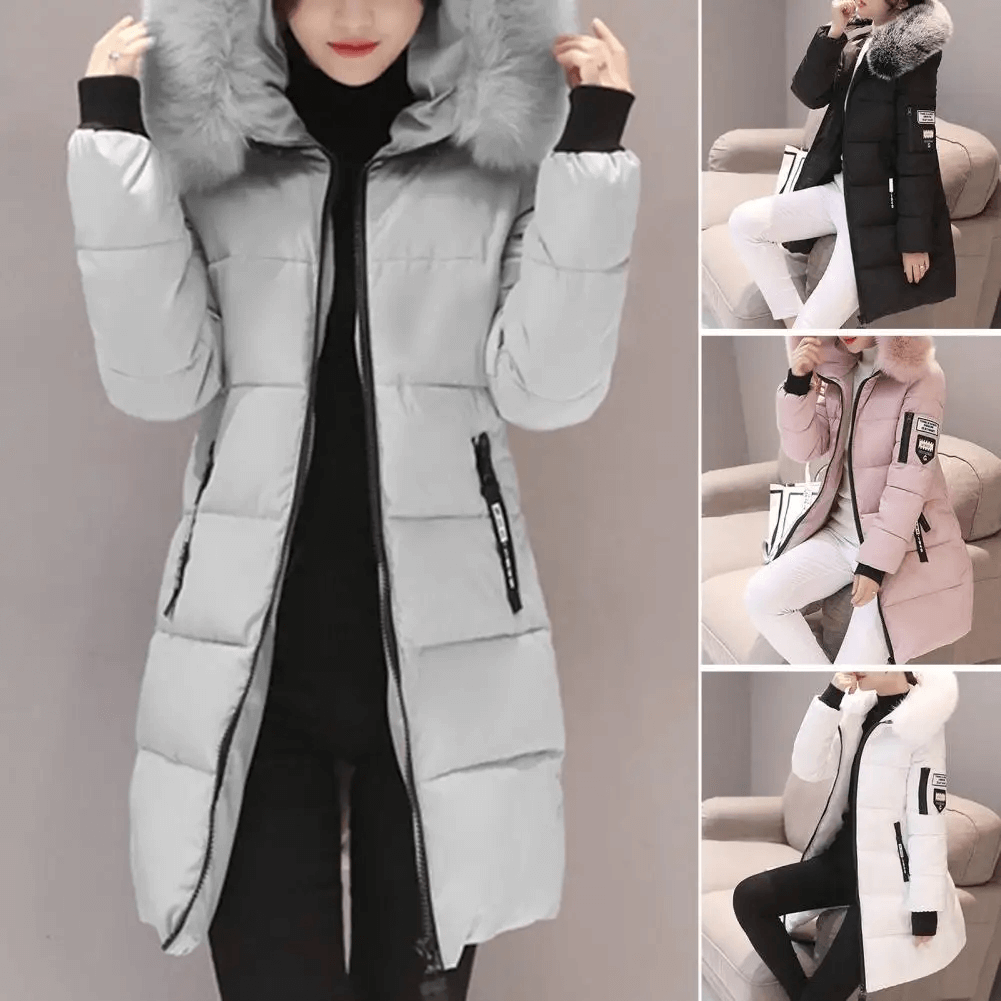 Piumino donna trapuntato invernale, giacca calda a mezza lunghezza con cappuccio, design moderno.